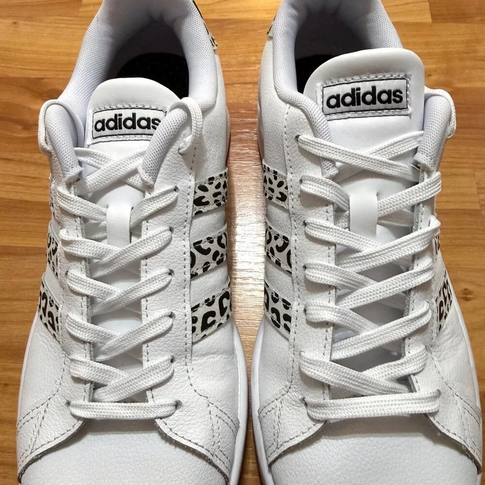 Adidas Womens 9.5 Grand Court White & Leopard Stripe Sneakers Shoes Excellent - Picture 6 of 12